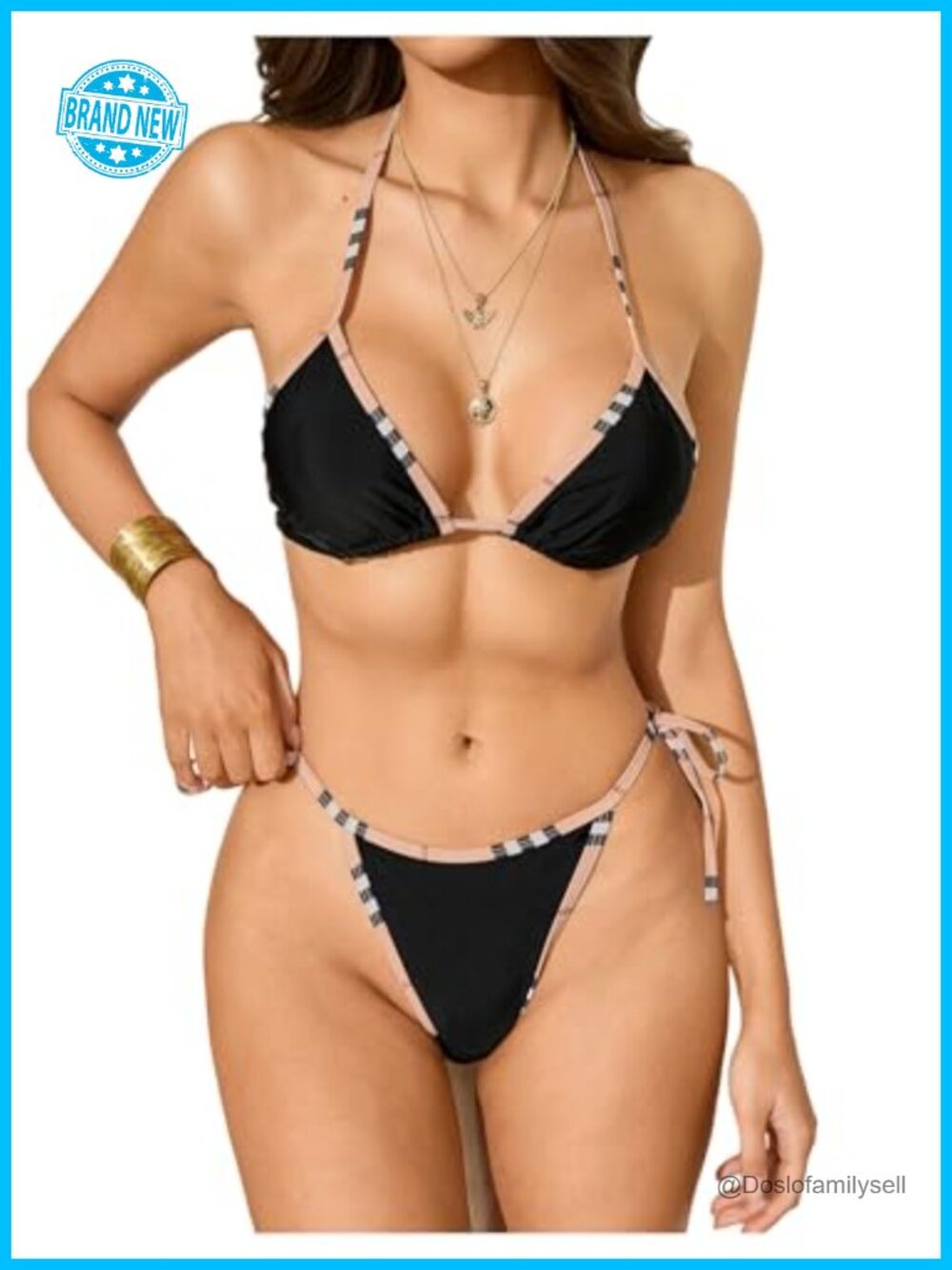 Women's Triangle Halter Bikini Set Plaid Side Tie 2 Piece Swimsuits Beachwear